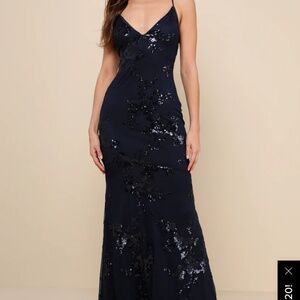 Lulus Valhalla Navy Blue Sequin Lace-up Maxi Dress - Size L